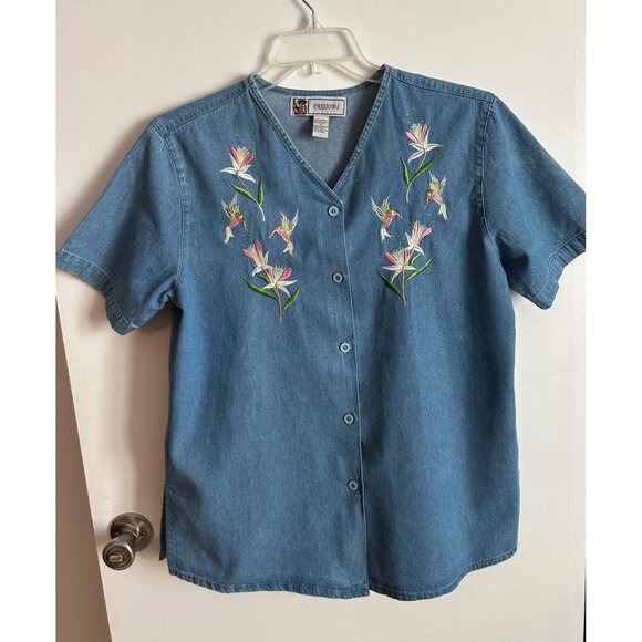Passion-I Denim Short Sleeve Shirt with Floral & Hummingbird Design Size M - Picture 1 of 7